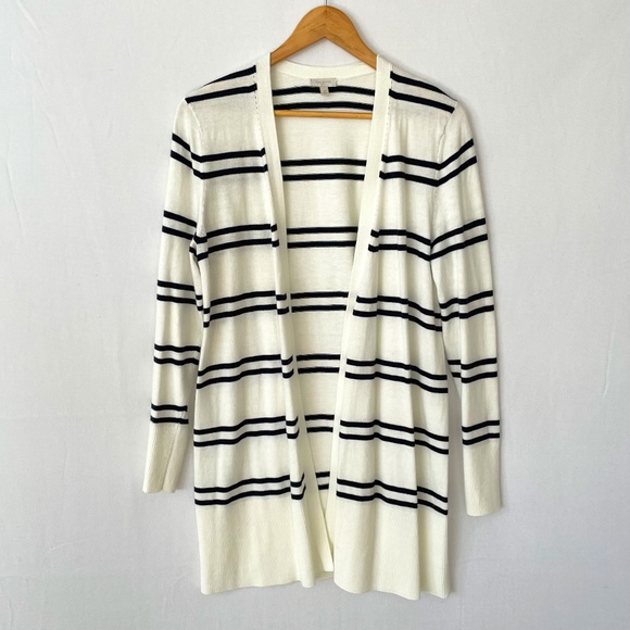 Talbots Long Line Open Front Cardigan Ecru Blue Double Stripes Size Medium - Picture 1 of 6
